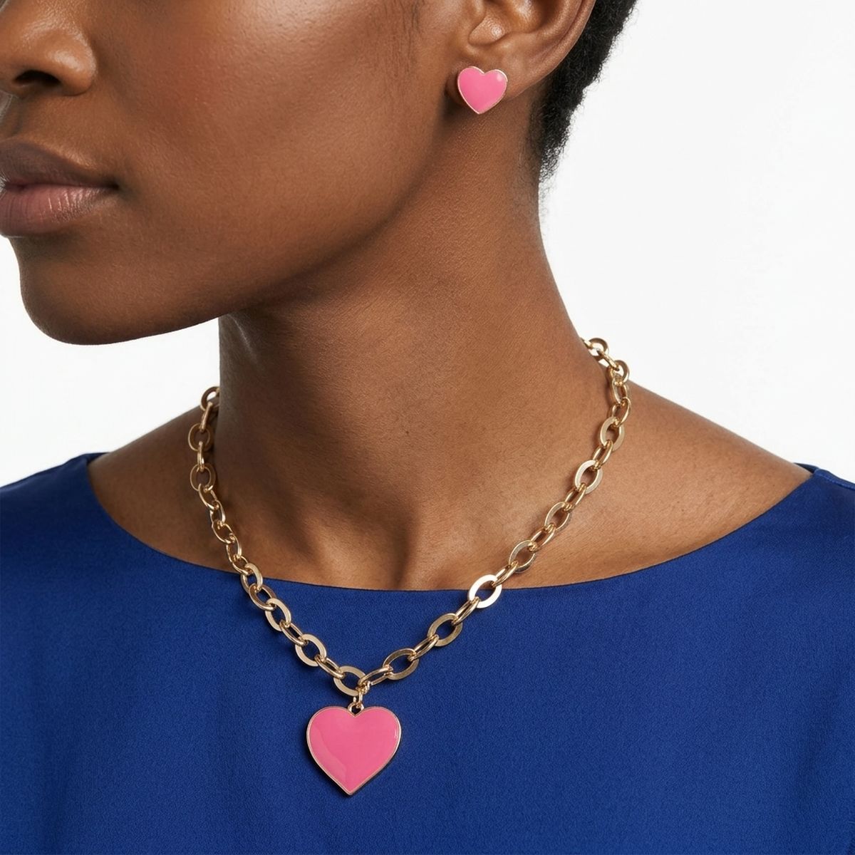 Pink Heart Pendant Gold Oval Chain Necklace