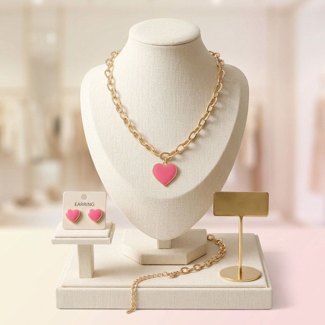Pink Heart Pendant Gold Oval Chain Necklace