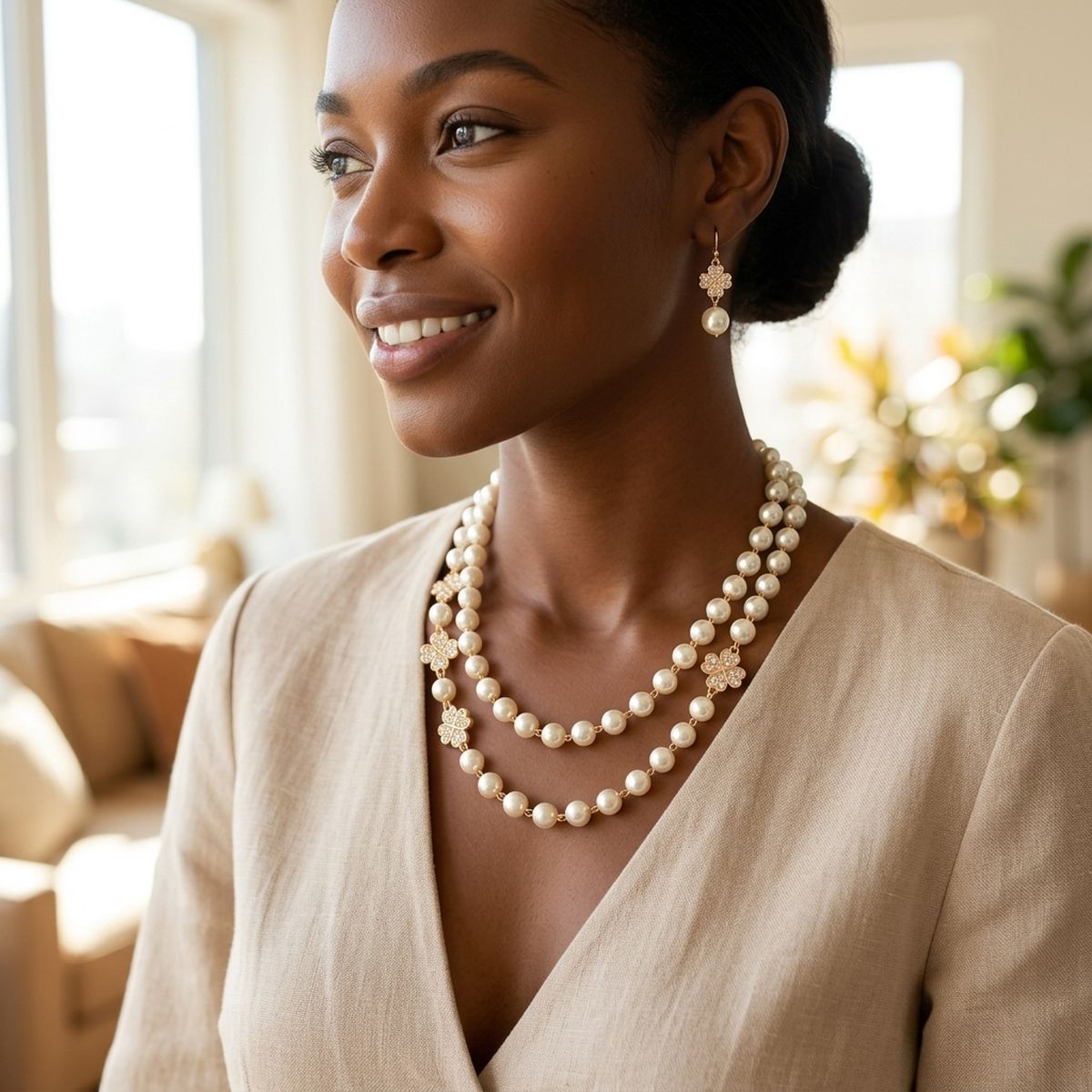 Cream Pearl Lucky Charm Layered Necklace Set