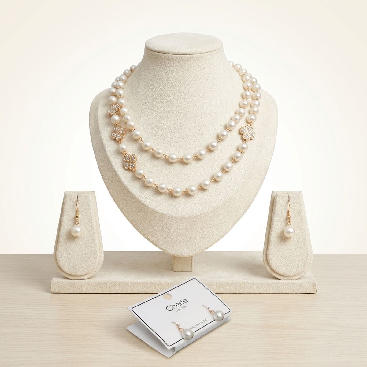 Cream Pearl Lucky Charm Layered Necklace Set