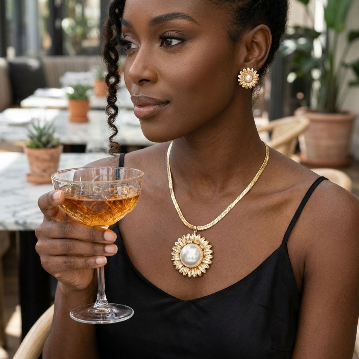 Gold Cobra Chain Sunflower Pearl Pendant Necklace