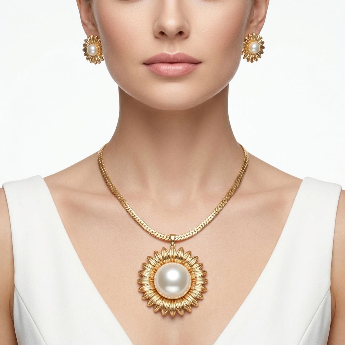 Gold Cobra Chain Sunflower Pearl Pendant Necklace