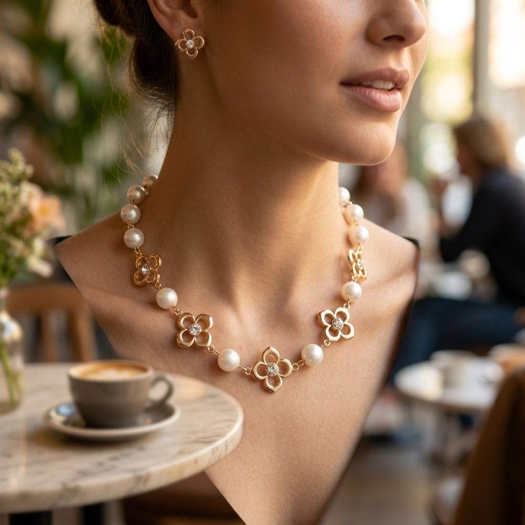 Cream Cotton Pearl and Luxe Mono Flower Necklace