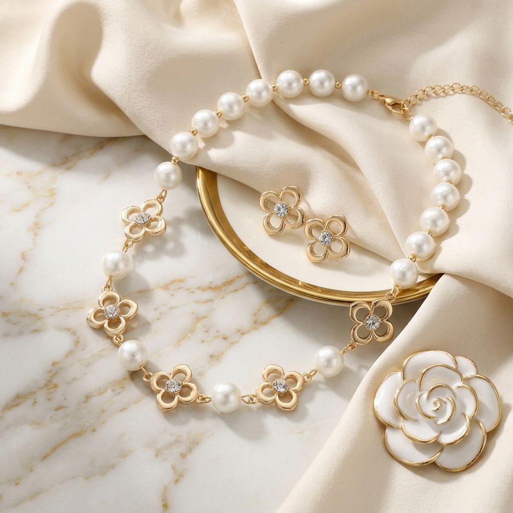 Cream Cotton Pearl and Luxe Mono Flower Necklace
