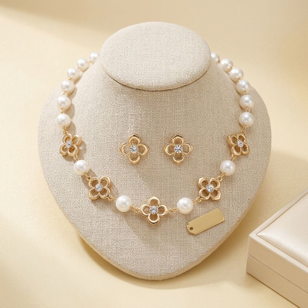 Cream Cotton Pearl and Luxe Mono Flower Necklace