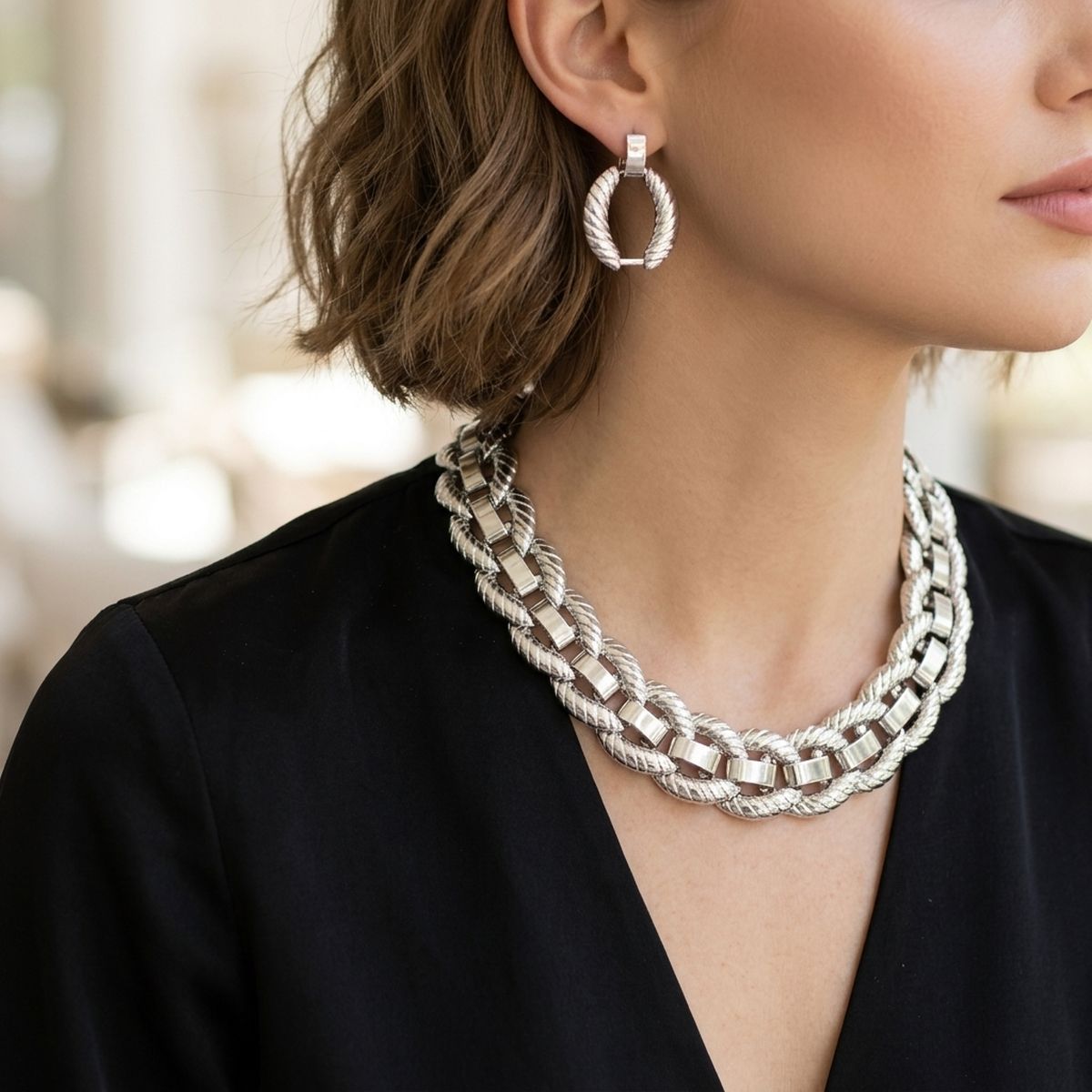 Silver Textured Overlapping Link Chain Necklace