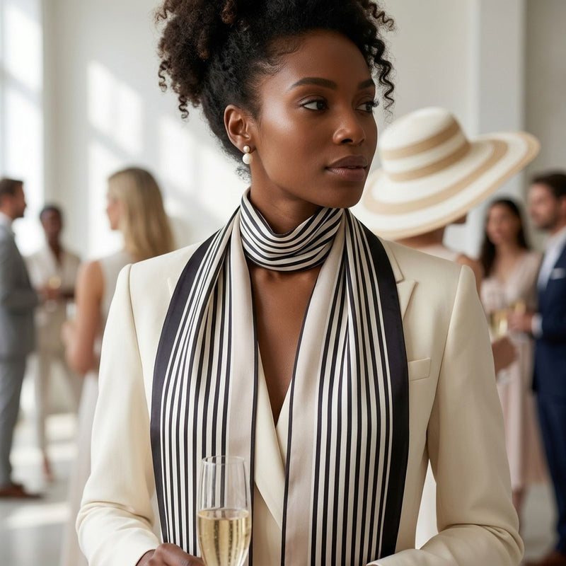 Black and Beige Pinstripe Silky Skinny Scarf