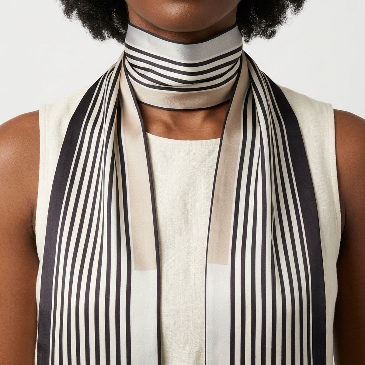 Black and Beige Pinstripe Silky Skinny Scarf