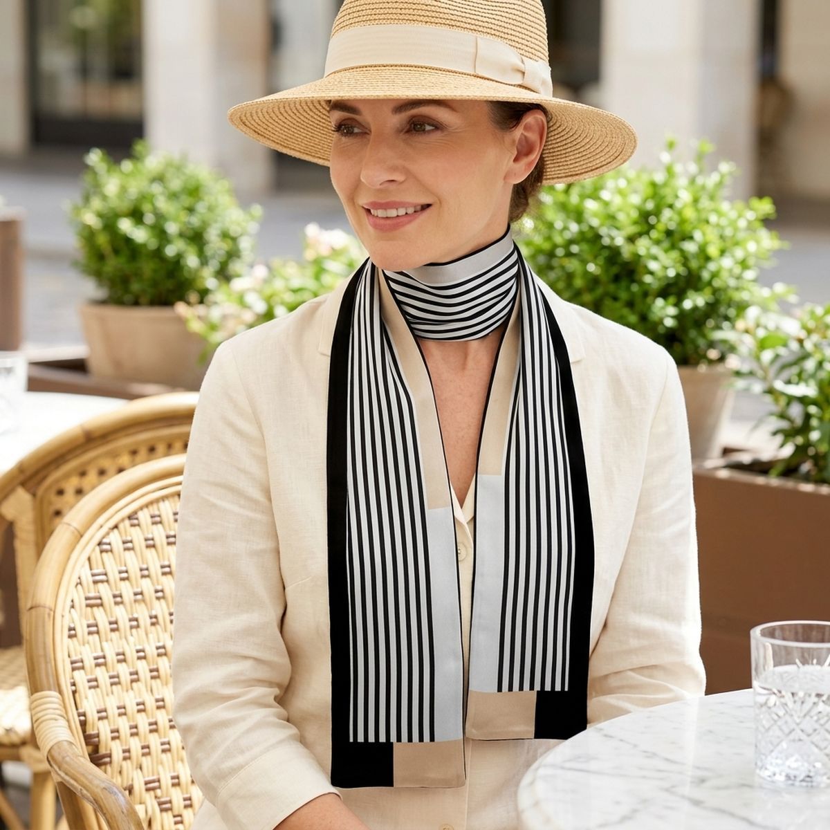 Black and Beige Pinstripe Silky Skinny Scarf