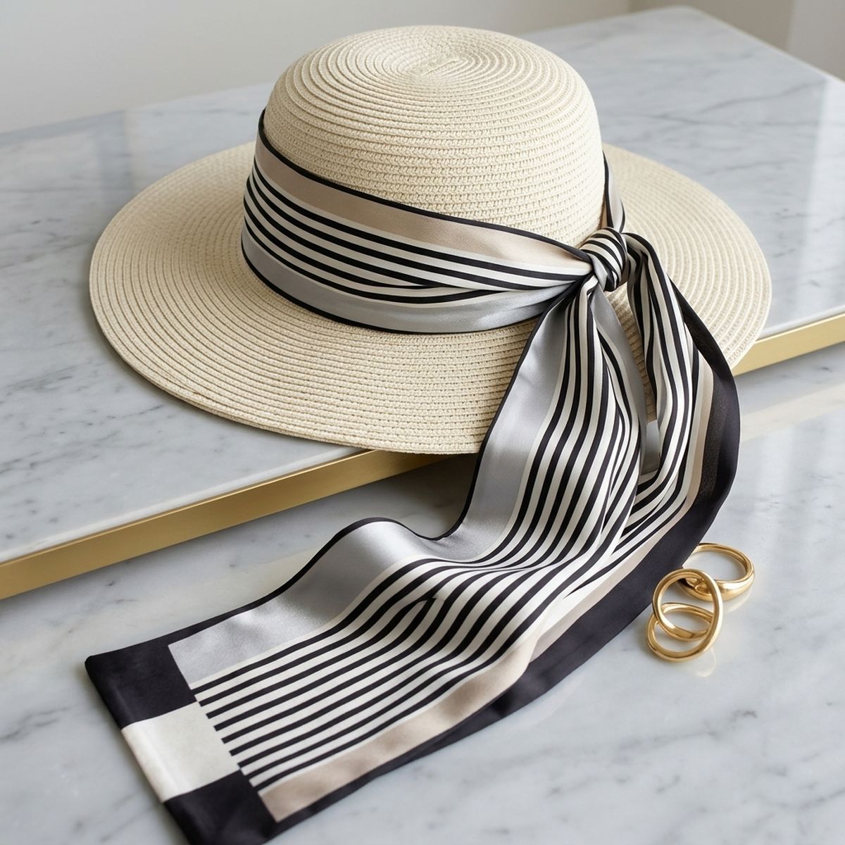 Black and Beige Pinstripe Silky Skinny Scarf