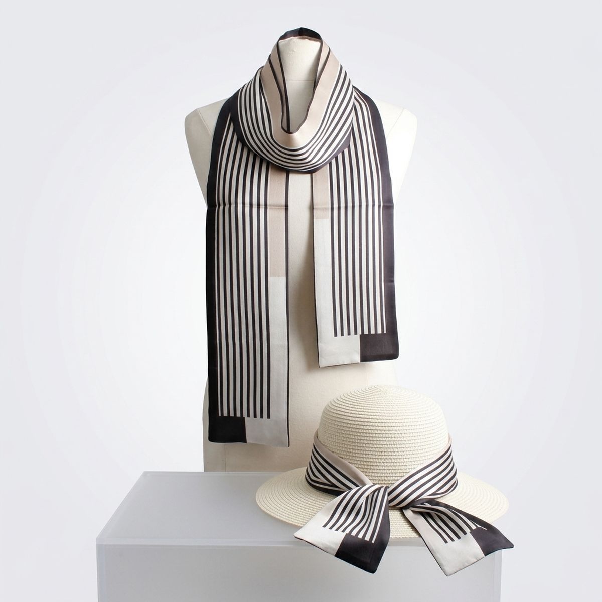 Black and Beige Pinstripe Silky Skinny Scarf