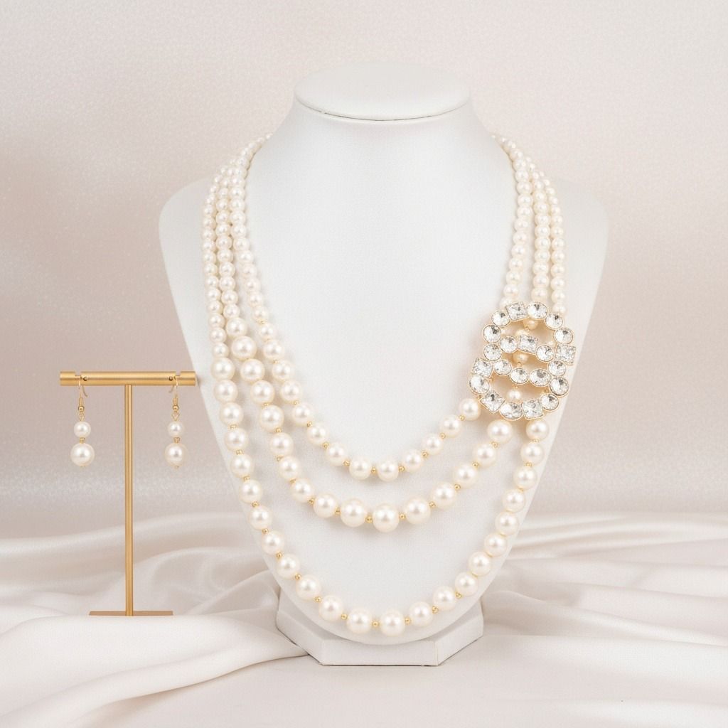 Timeless Opulence: Cream Pearl Layered Necklace Set with Crystal Infinity Ring