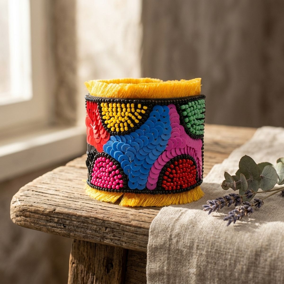 Cuff Tribal Vibrant Color Bead and Sequin Bracelet