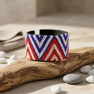 Cuff Tribal Red White & Blue Zigzag Bead Bracelet