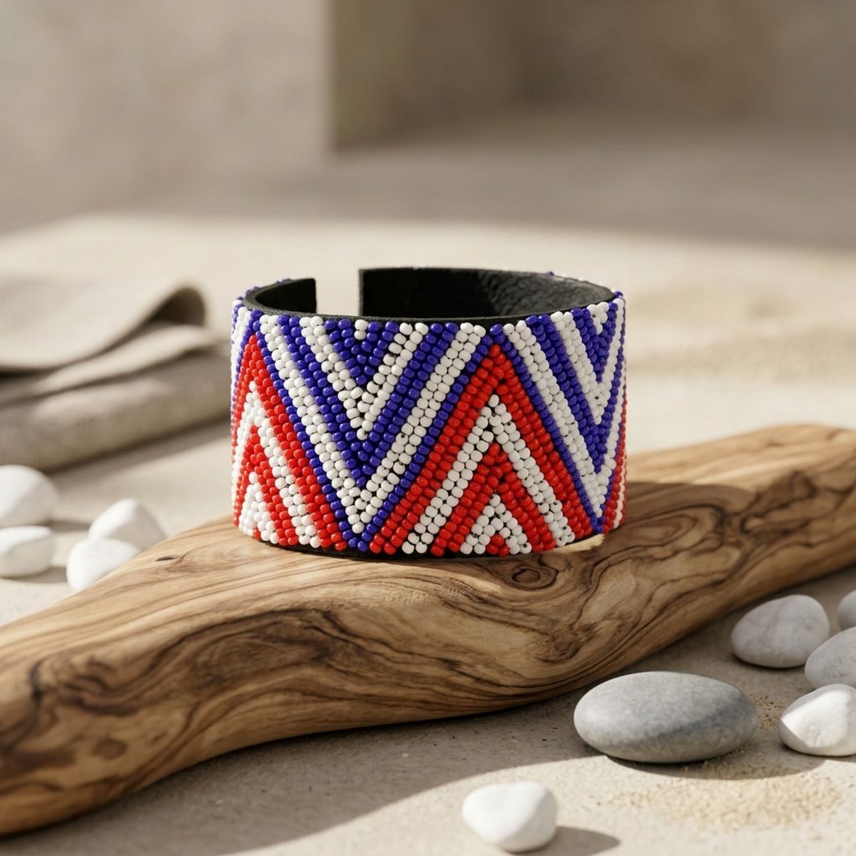 Cuff Tribal Red White & Blue Zigzag Bead Bracelet