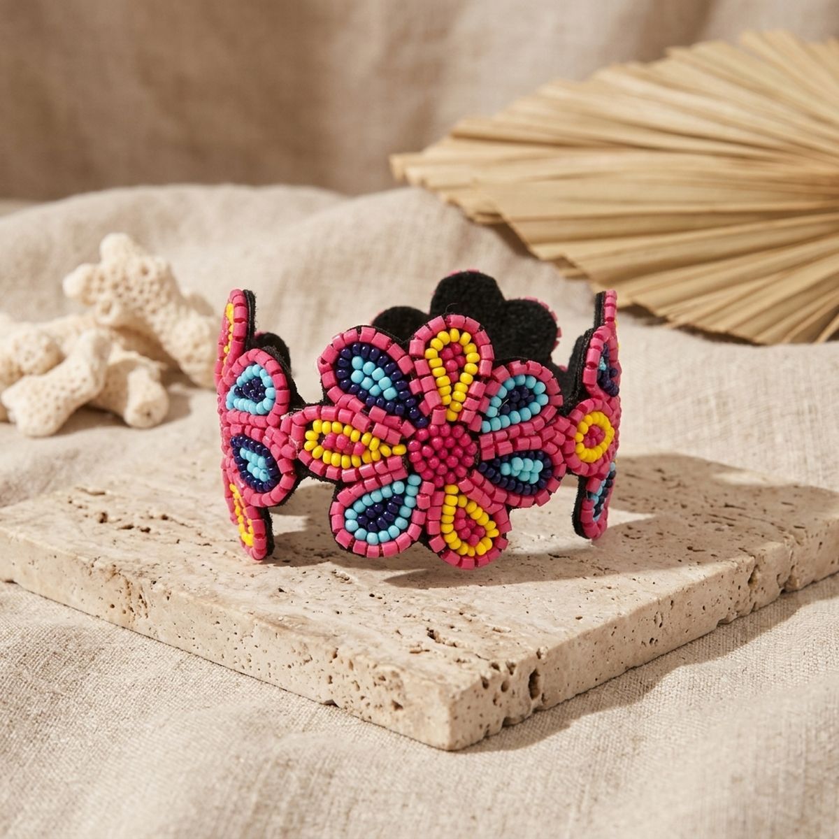Cuff Tribal Pink Floral Scalloped Beaded Bracelet