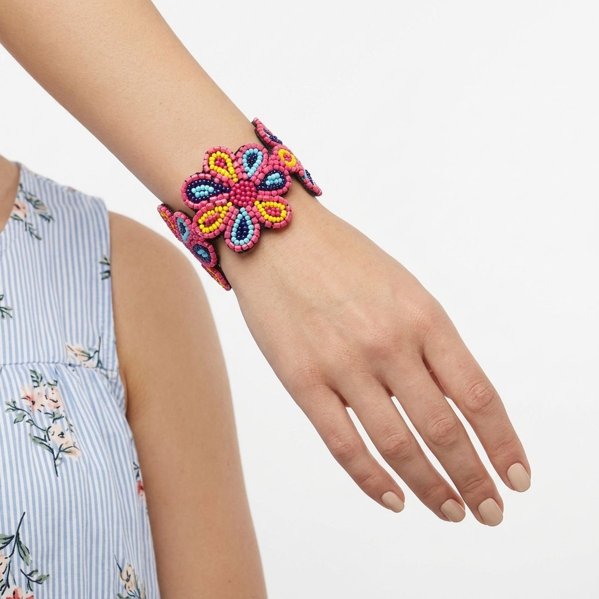 Cuff Tribal Pink Floral Scalloped Beaded Bracelet