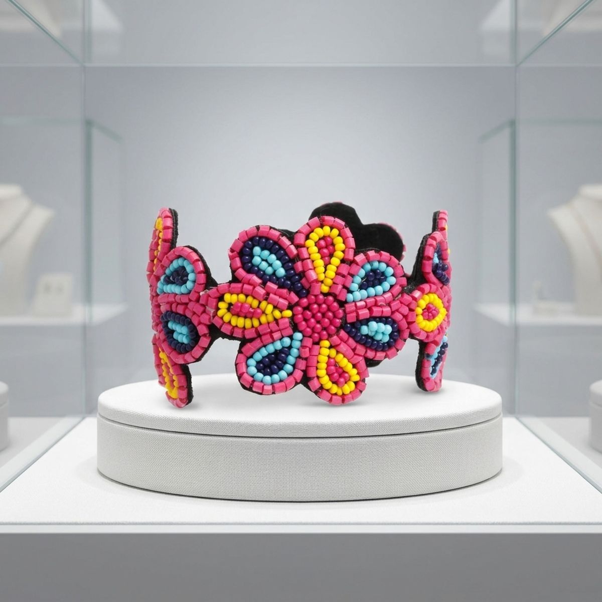 Cuff Tribal Pink Floral Scalloped Beaded Bracelet