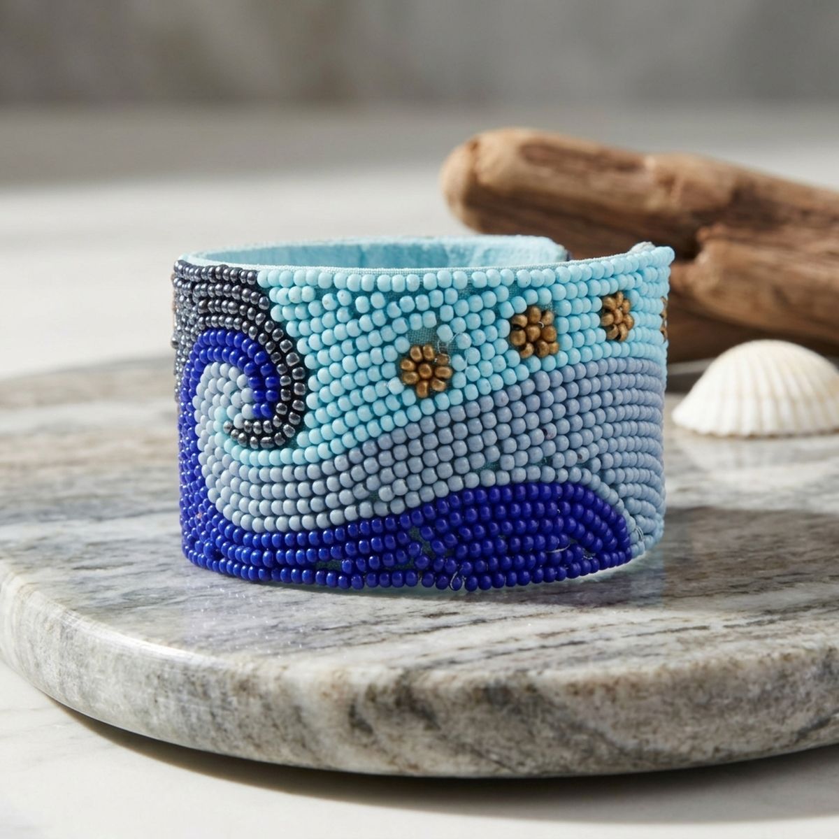 Cuff Tribal Blue Wave Hand Beaded Bracelet