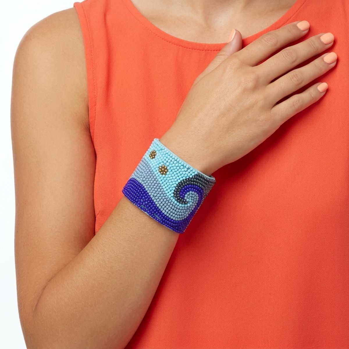 Cuff Tribal Blue Wave Hand Beaded Bracelet