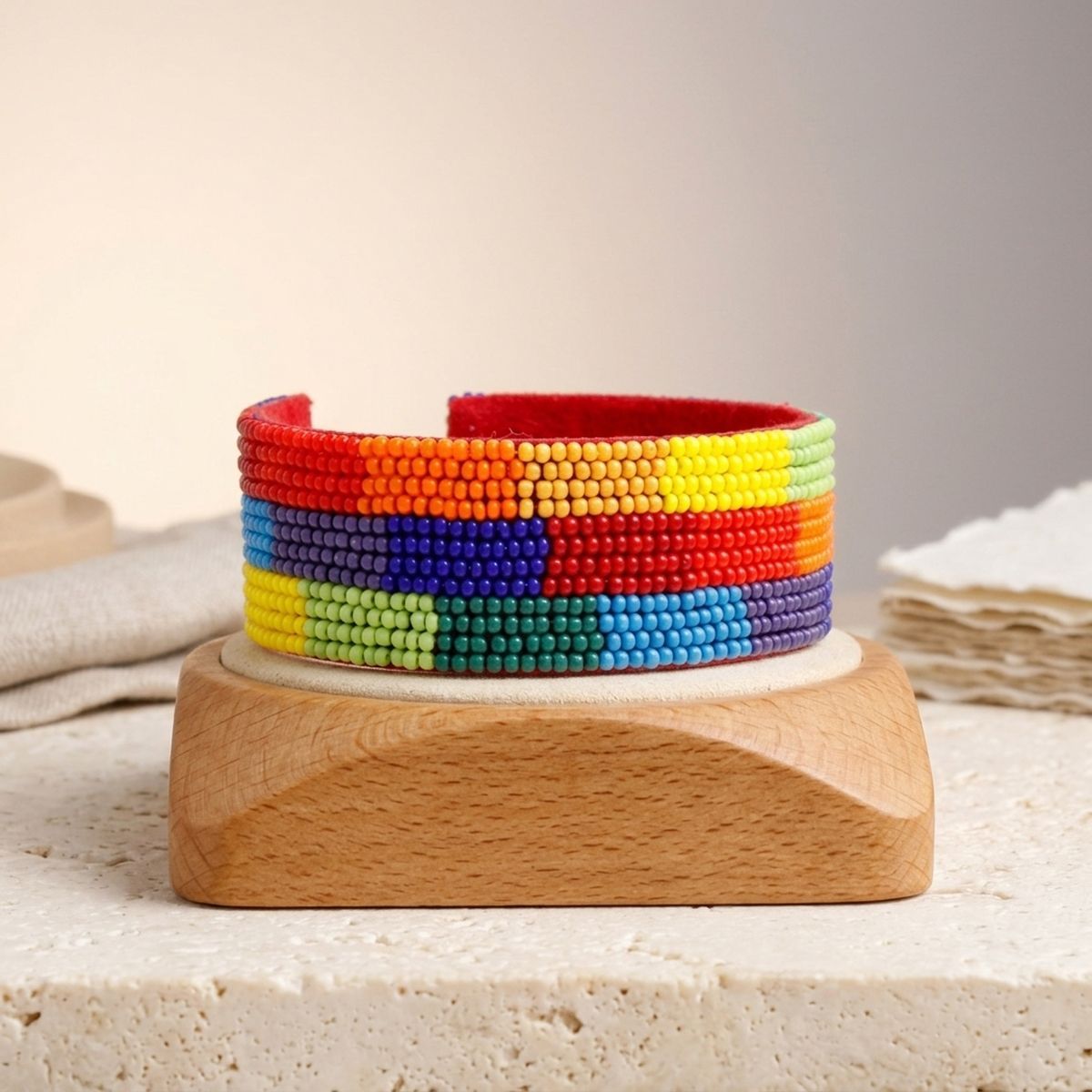 Cuff Tribal Rainbow Color Block Beaded Bracelet