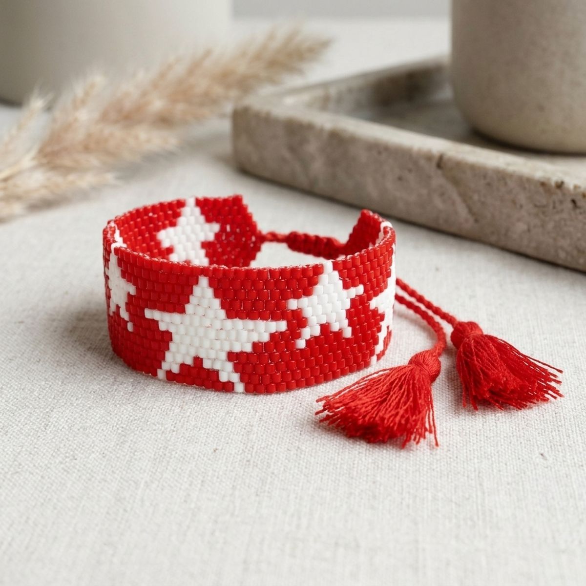 DST Red and White Star Woven Bead Bracelet