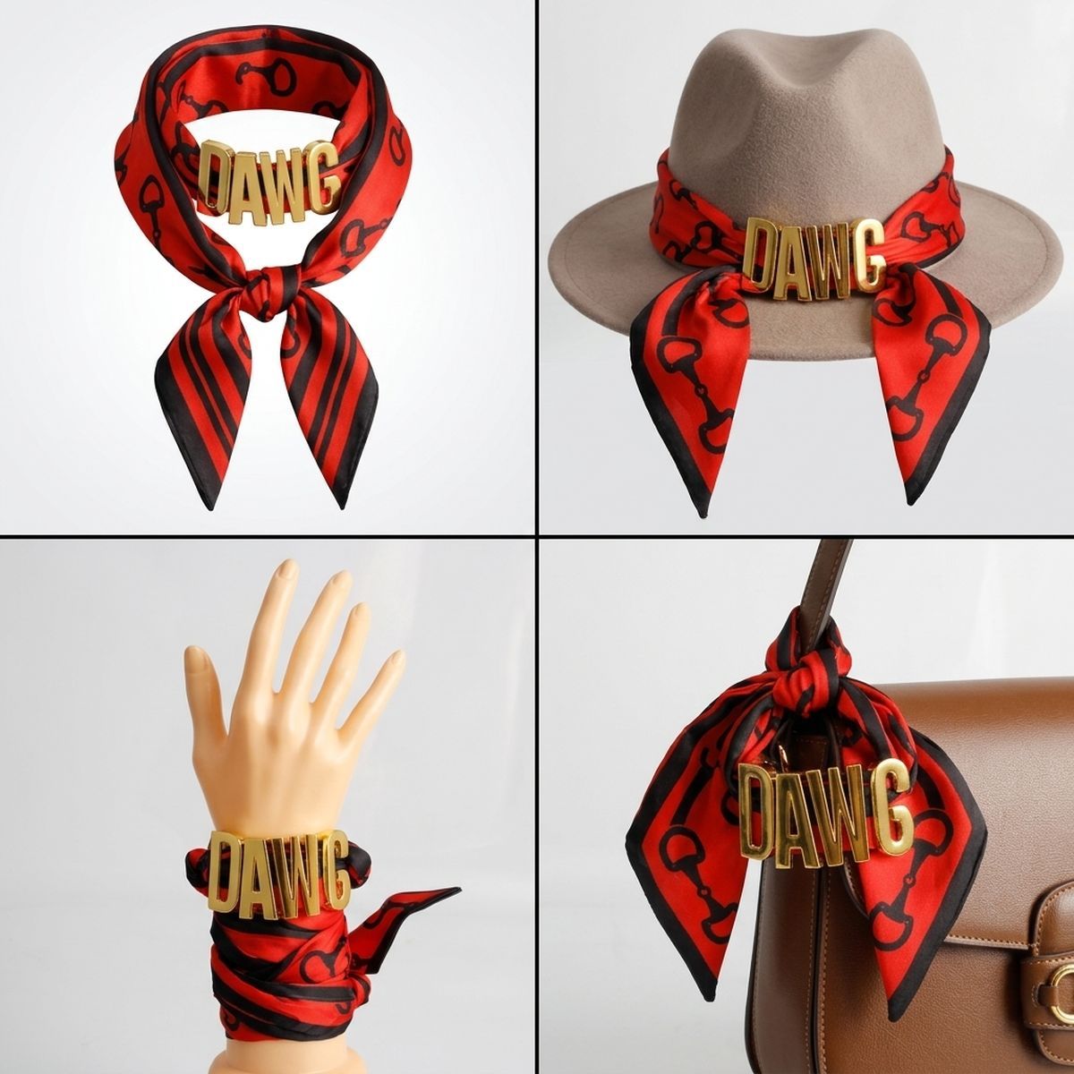 DAWG Gold Letter Charm Red Black Scarf Bracelet