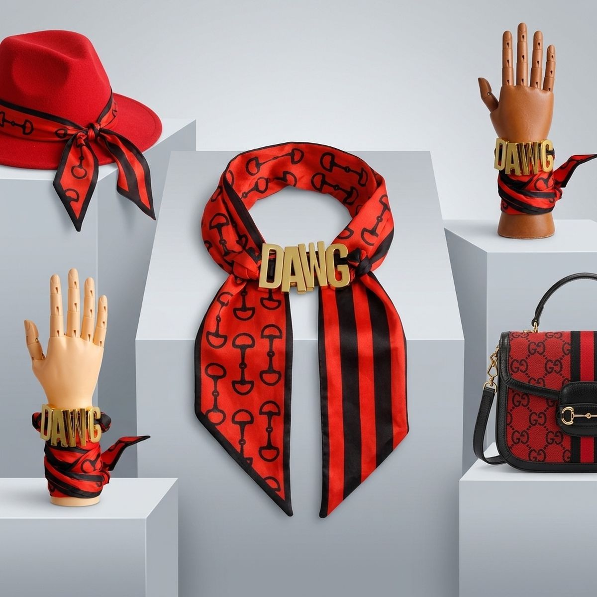 DAWG Gold Letter Charm Red Black Scarf Bracelet