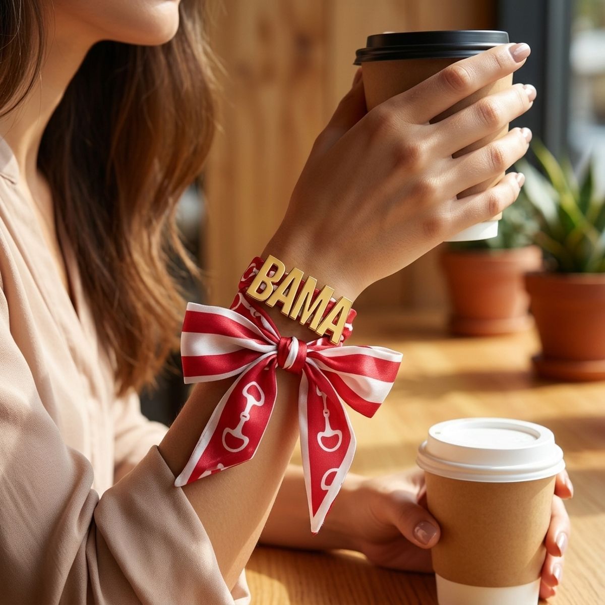 BAMA Gold Letter Charm Burgundy Scarf Bracelet