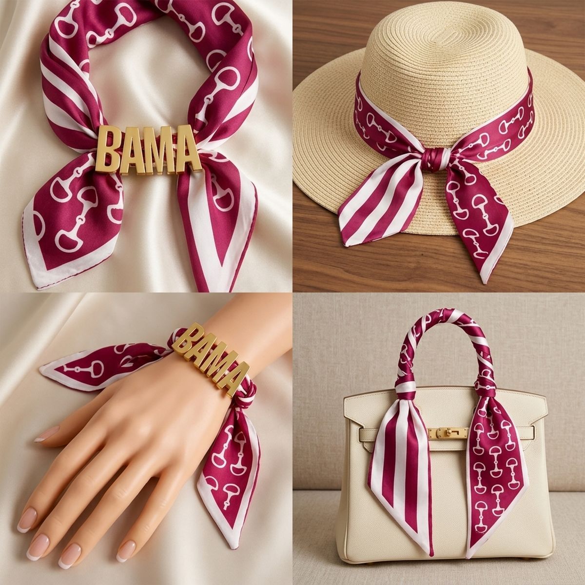 BAMA Gold Letter Charm Burgundy Scarf Bracelet