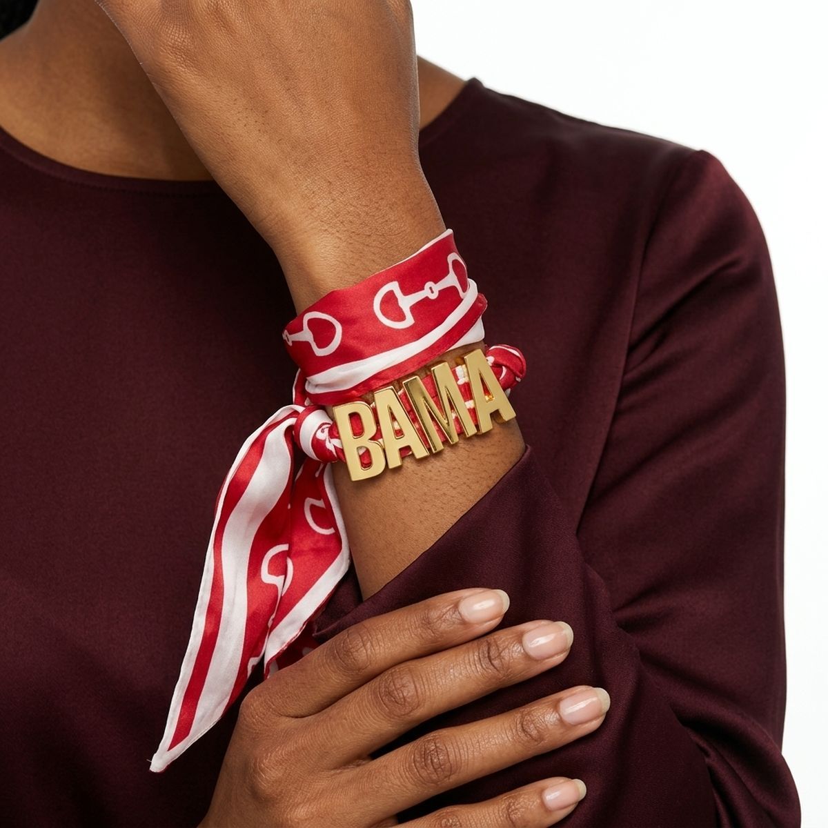 BAMA Gold Letter Charm Burgundy Scarf Bracelet