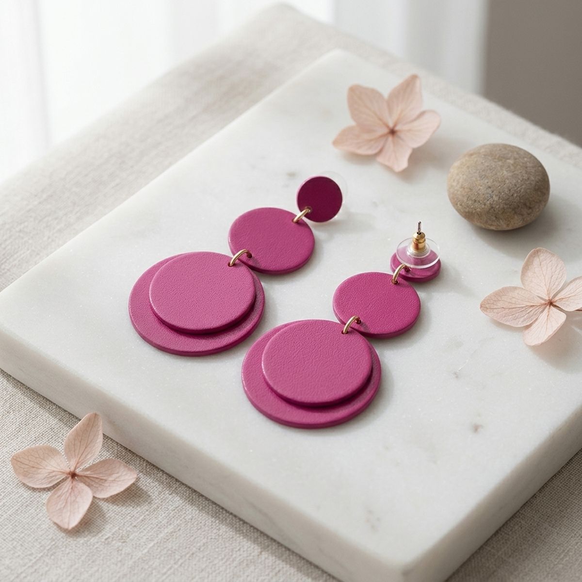 Dangle Pink Mirror Triple Disc Drop Earrings