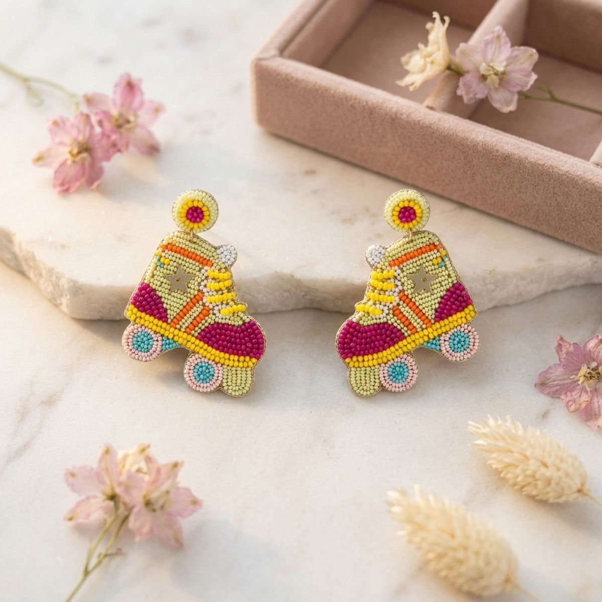 Drop Retro Roller Skate Green Pink Bead Earrings