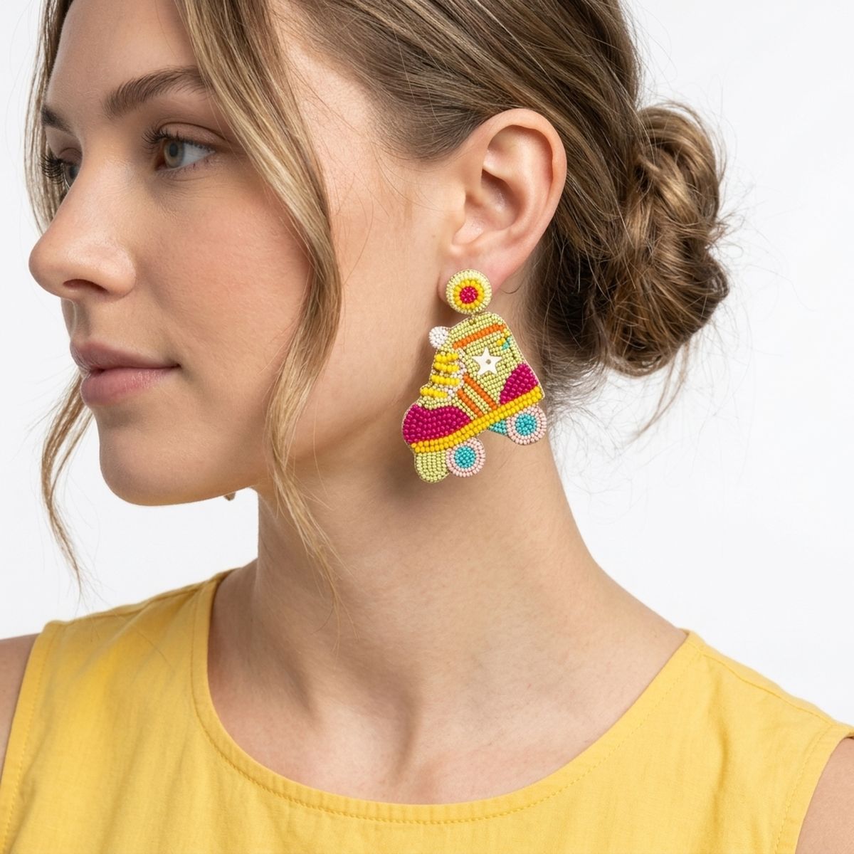 Drop Retro Roller Skate Green Pink Bead Earrings