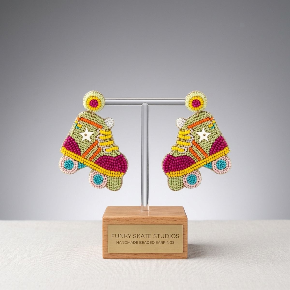 Drop Retro Roller Skate Green Pink Bead Earrings