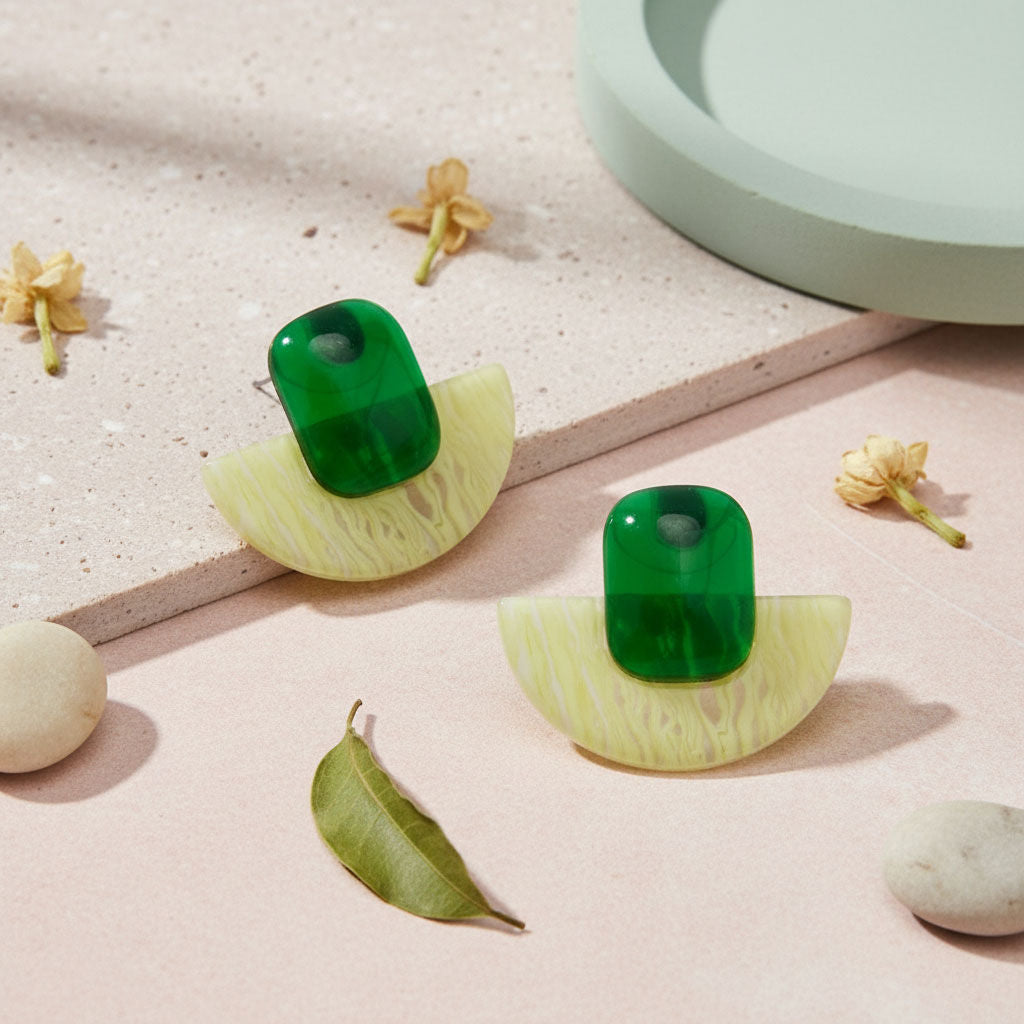 Stud Green Funky Retro Throwback Style Earrings