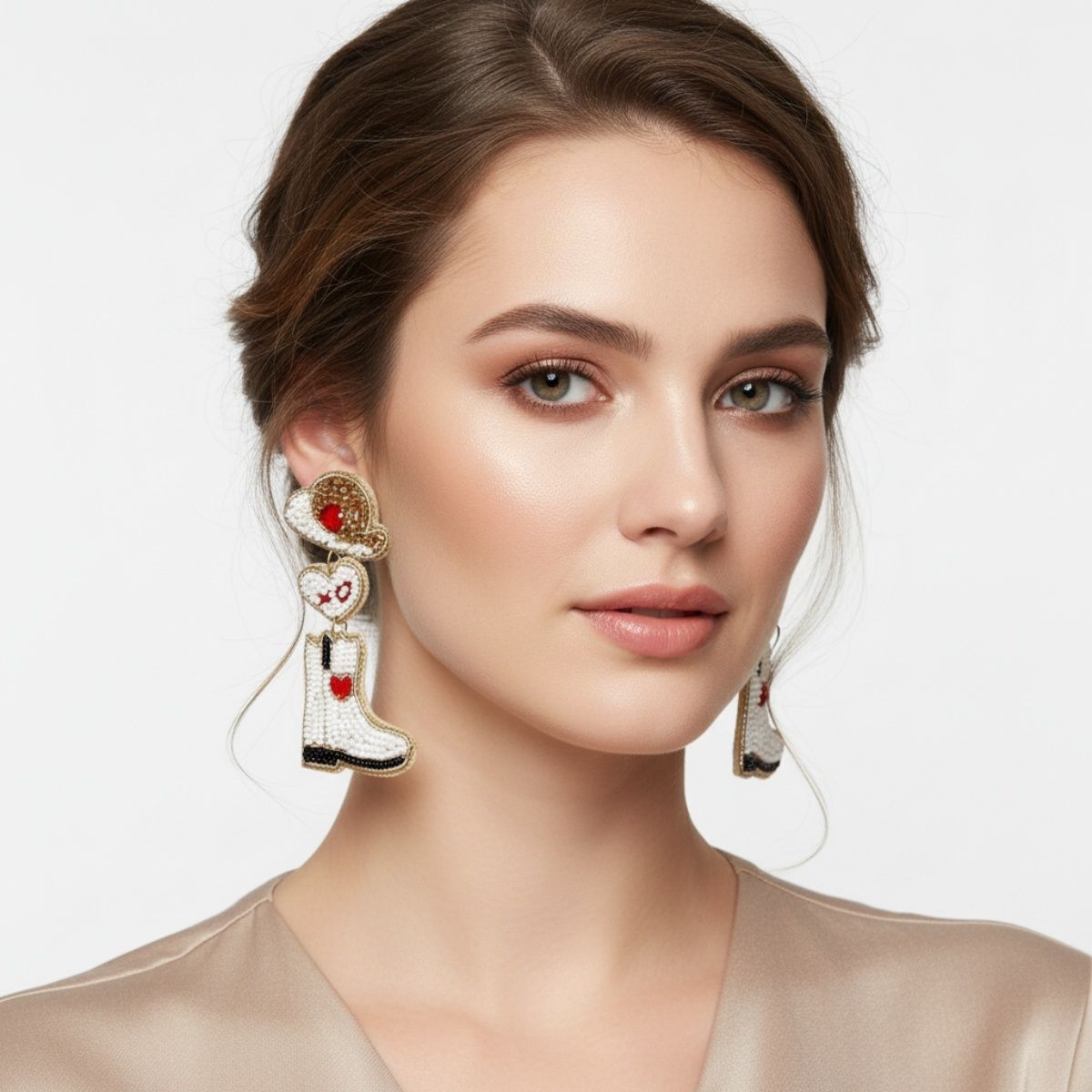 Dangle White Red Bead Cowboy Hat Boots Earrings