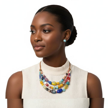 Stone Bead Layered Leather Cord Necklace Set