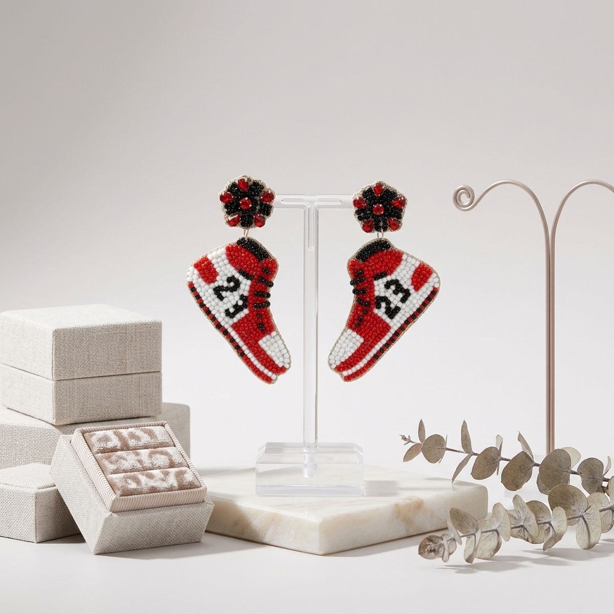 Drop Jordan Sneaker Red and White Bead Earrings