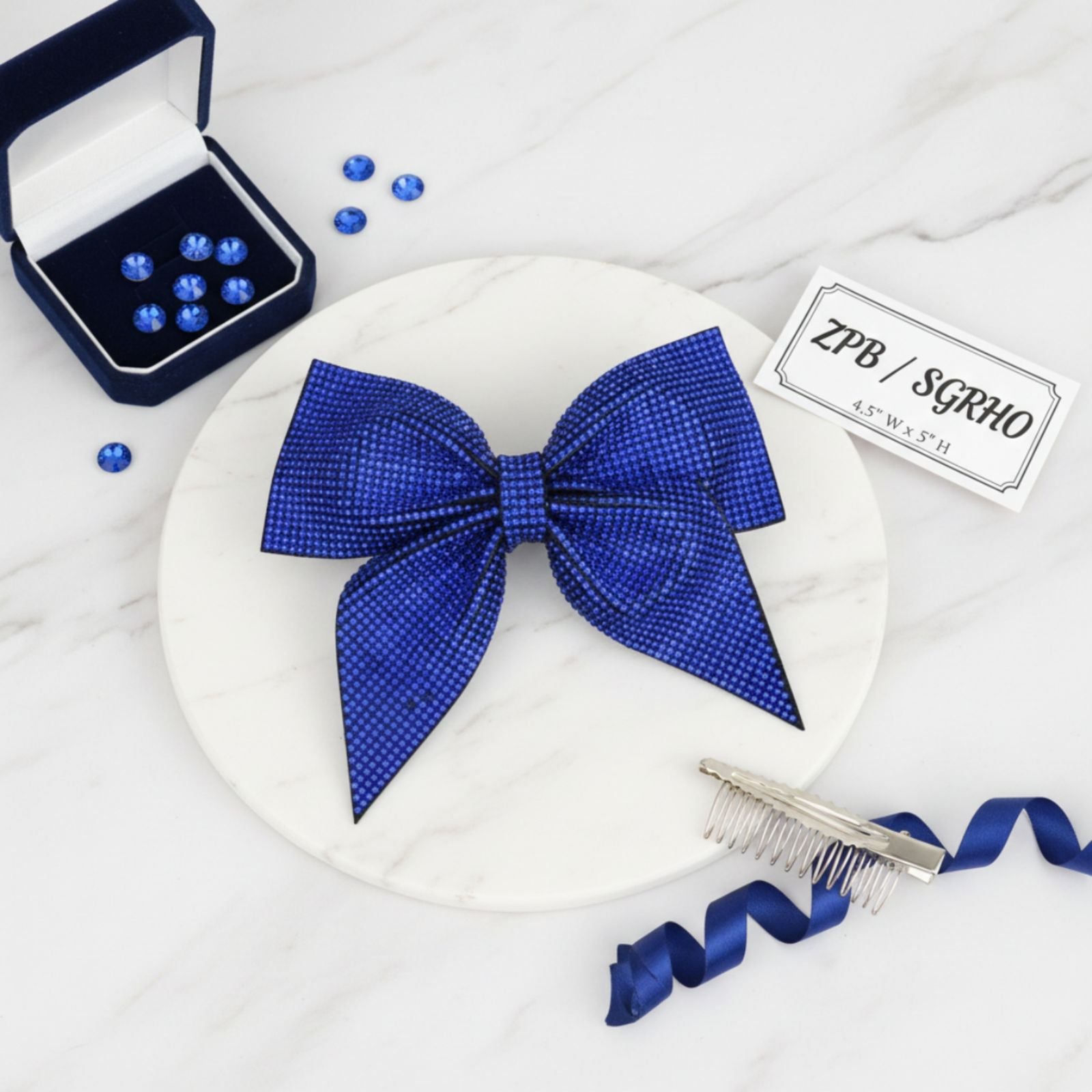 ZPB or SGRHO Blue Rhinestone Point Bow Hair Clip
