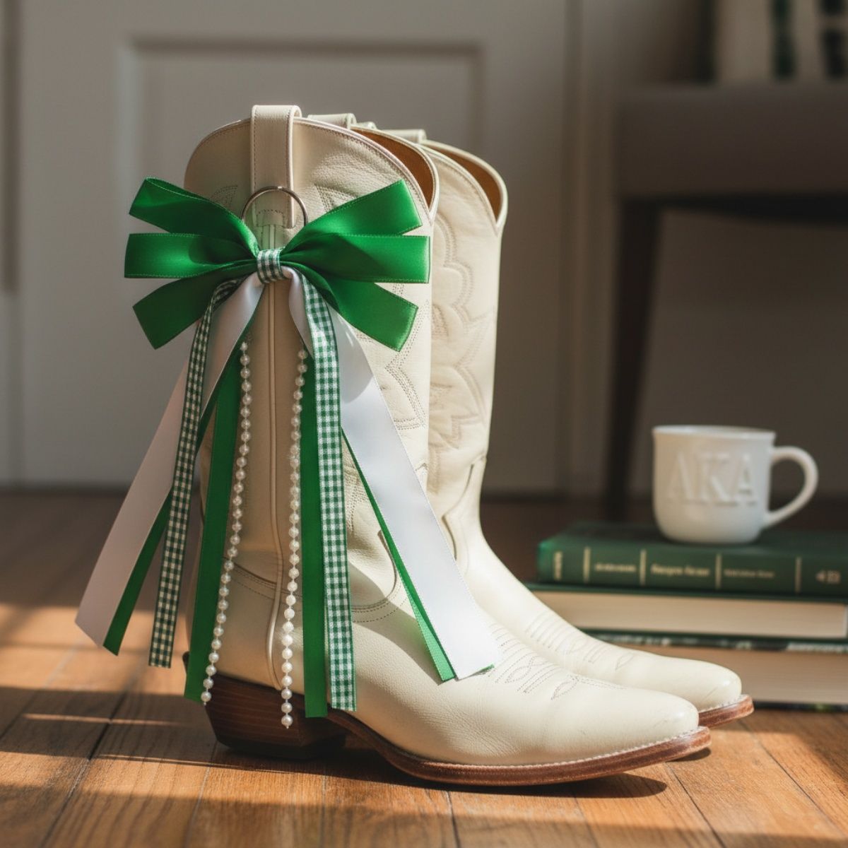 AKA Boots on the Ground Green White Boot Bow