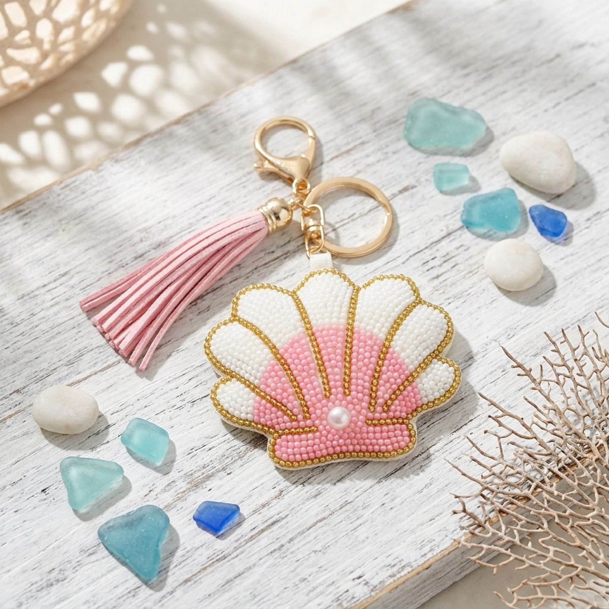 Bag Clip Pink and White Bead Seashell Keychain