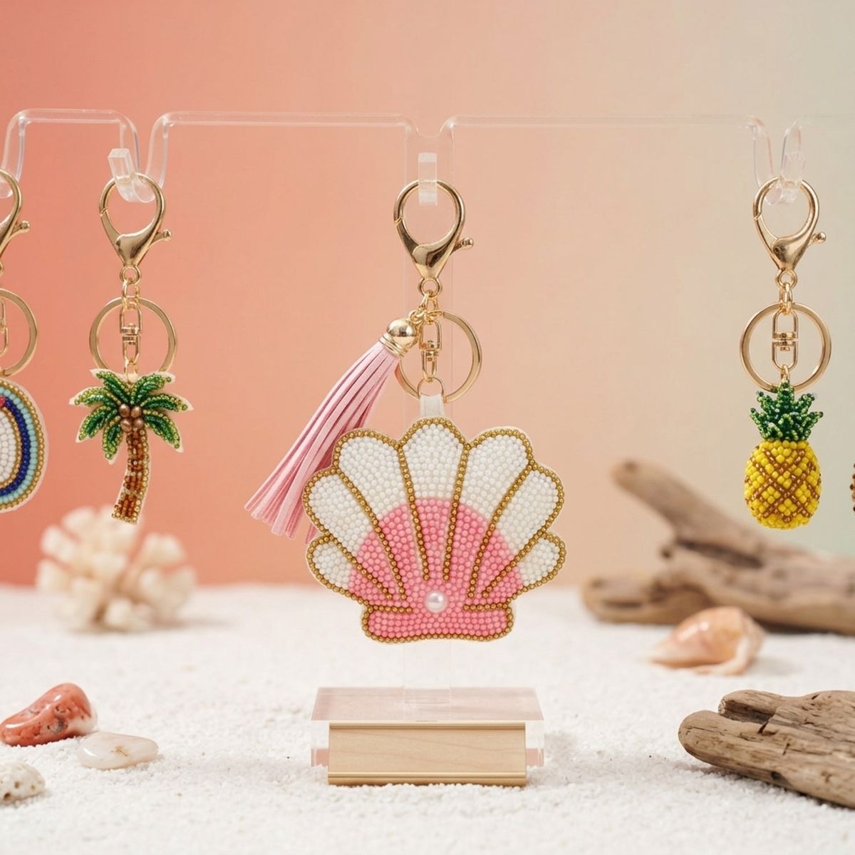 Bag Clip Pink and White Bead Seashell Keychain
