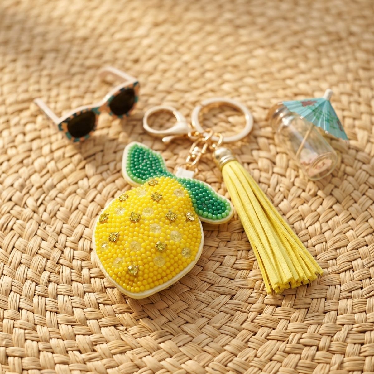 Bag Clip Yellow and Green Bead Lemon Keychain