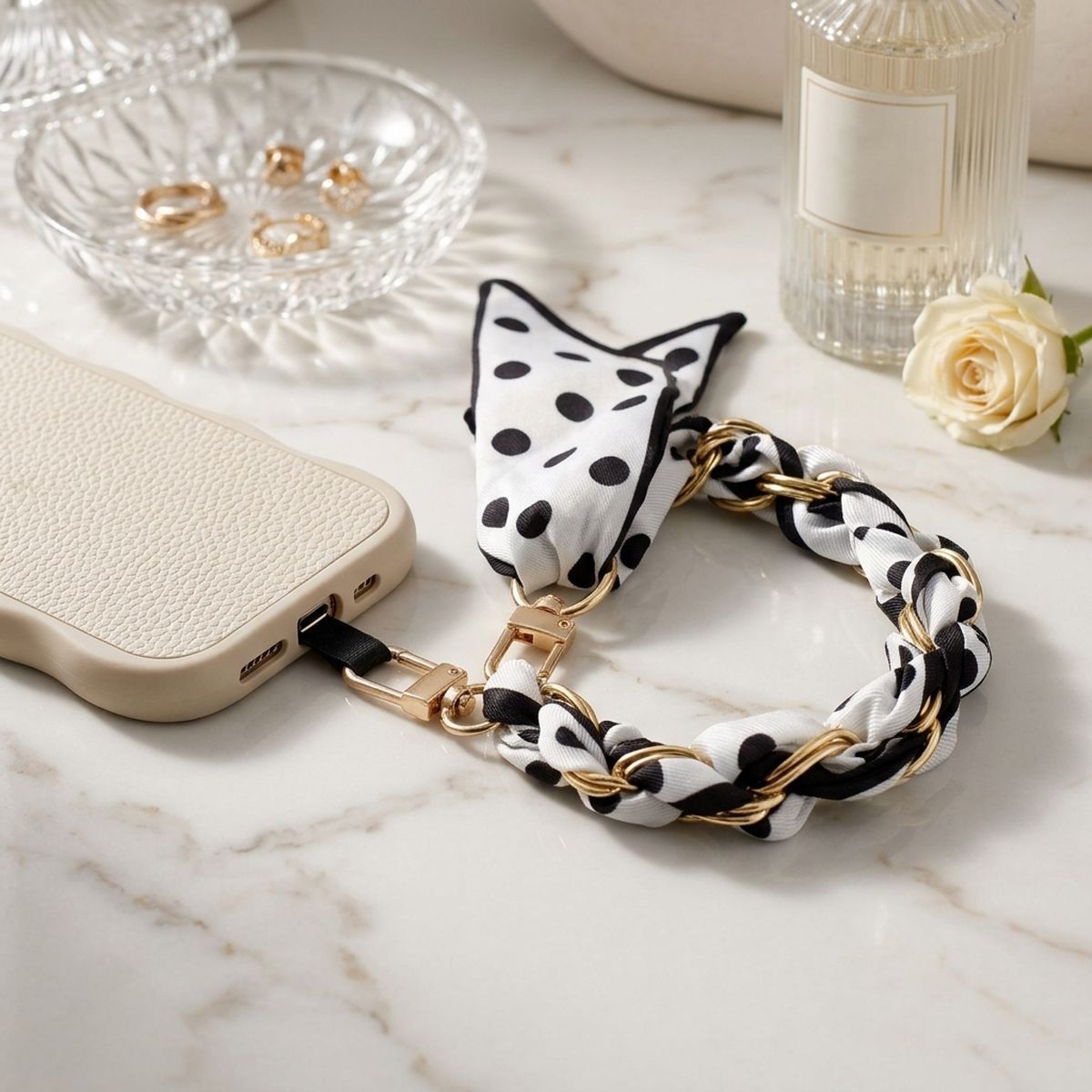 Phone Strap Black White Woven Scarf Keychain