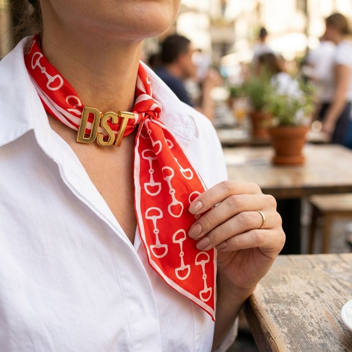 DST Gold Letter Red White Horsebit Scarf Necklace