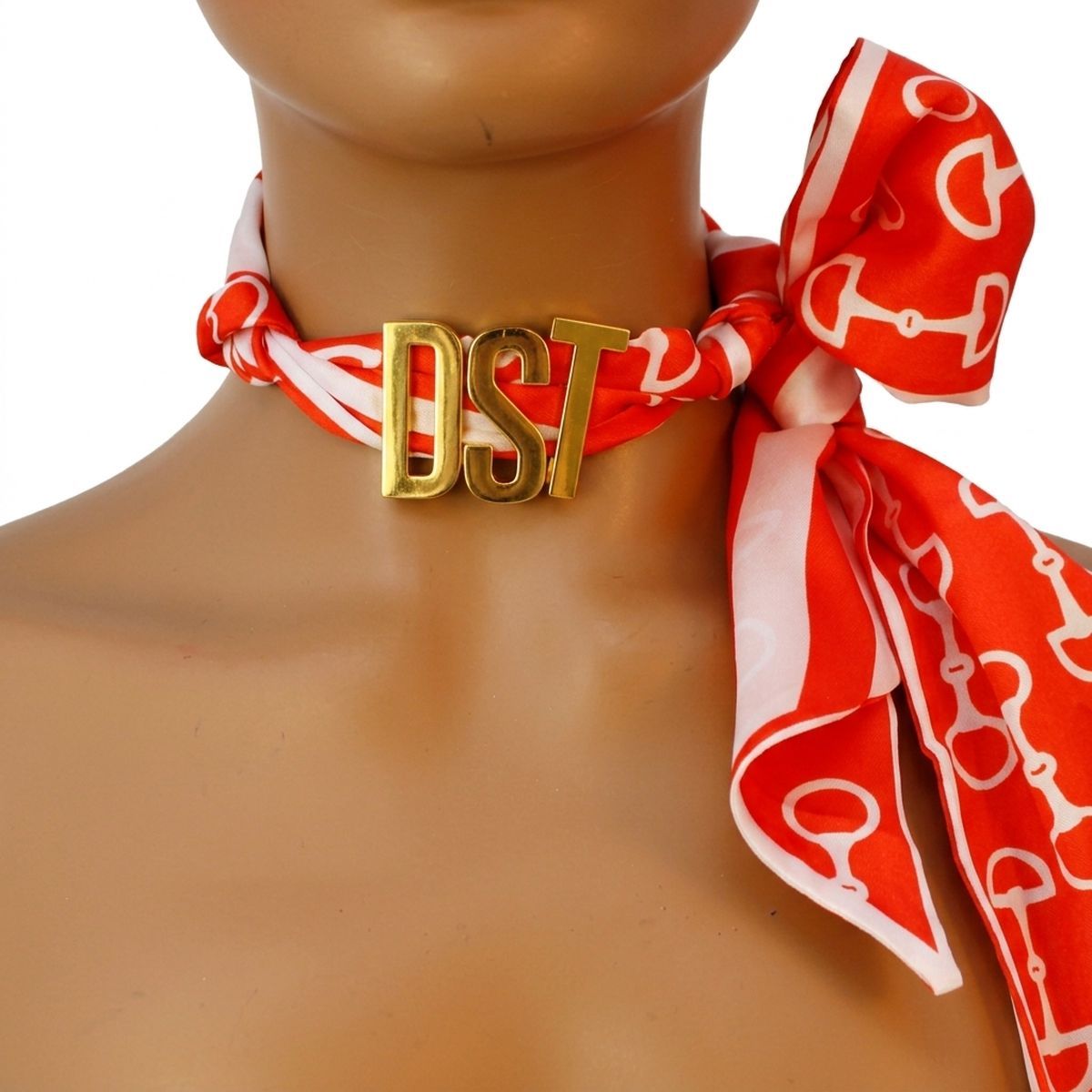 DST Gold Letter Red White Horsebit Scarf Necklace