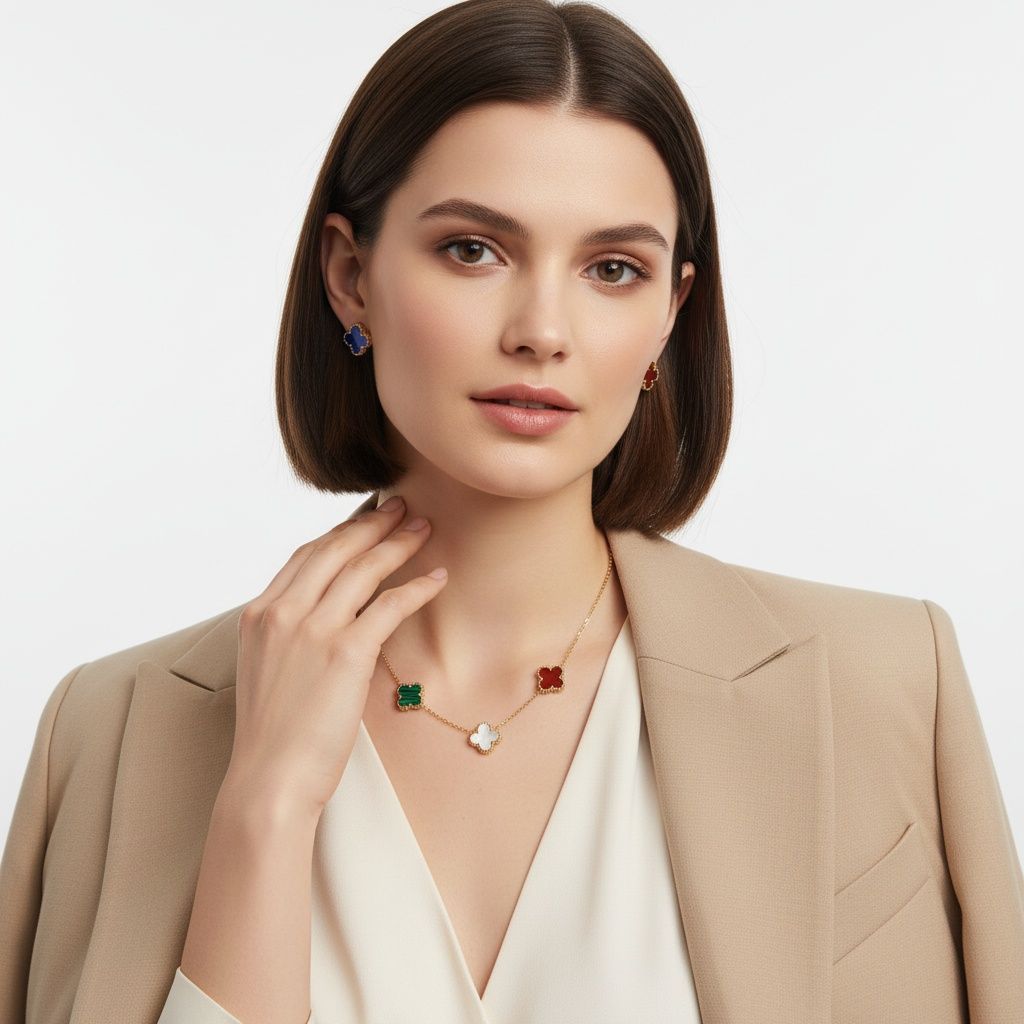 Chain Colorful 5 Motif Quatrefoil Clover Necklace