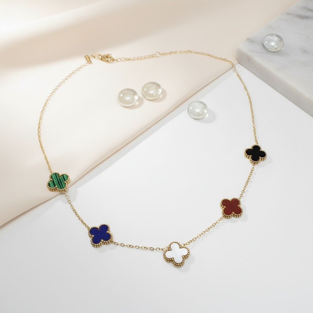 Chain Colorful 5 Motif Quatrefoil Clover Necklace