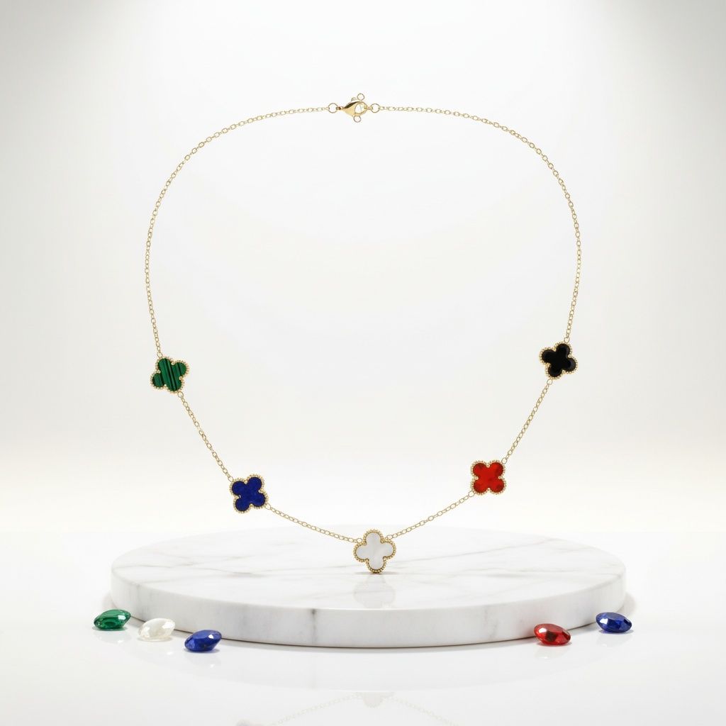 Chain Colorful 5 Motif Quatrefoil Clover Necklace